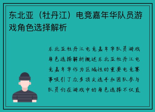 东北亚（牡丹江）电竞嘉年华队员游戏角色选择解析